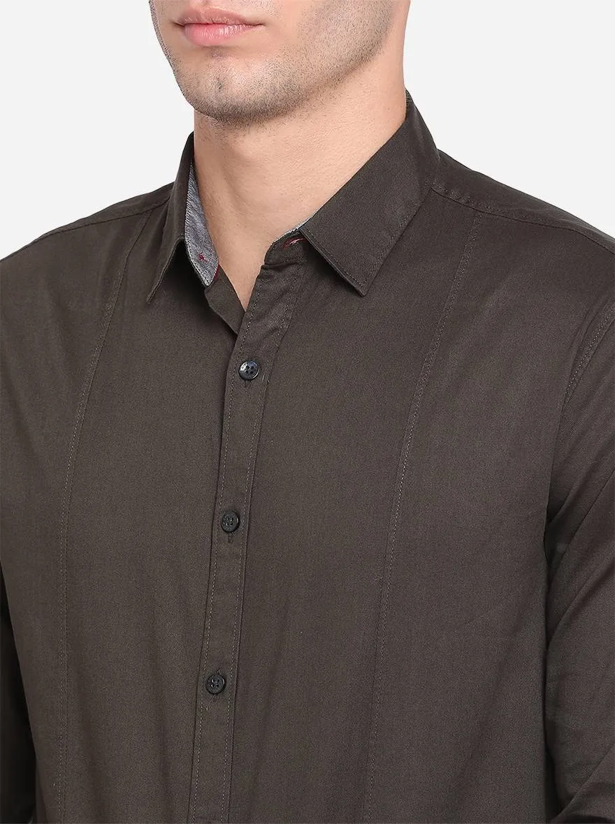 Dark Brown Solid Slim Fit Semi Casual Shirt | Greenfibre