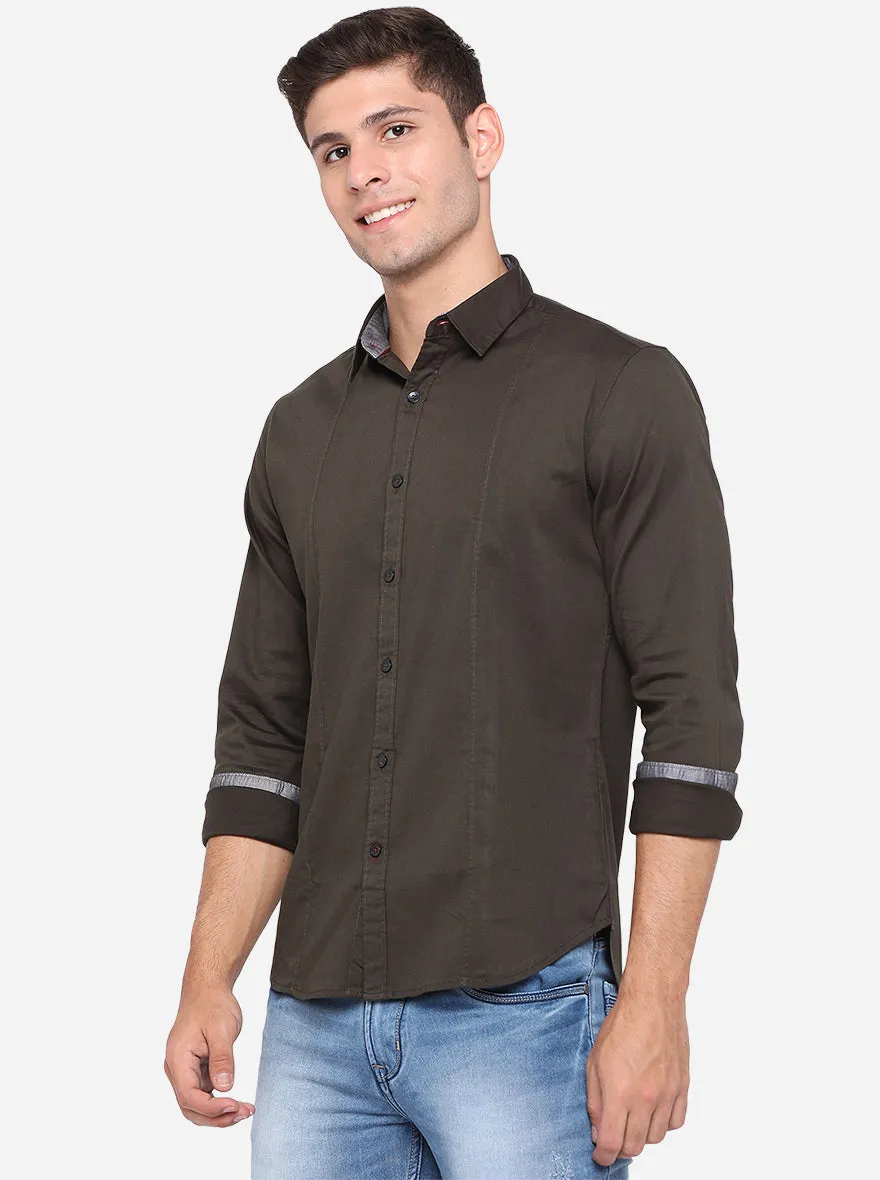 Dark Brown Solid Slim Fit Semi Casual Shirt | Greenfibre