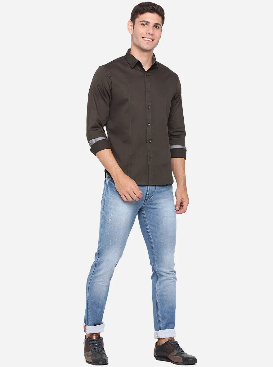 Dark Brown Solid Slim Fit Semi Casual Shirt | Greenfibre