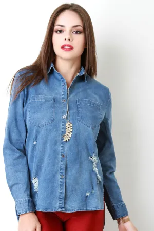 Distressed Button-Up Pocketed Denim Jacket