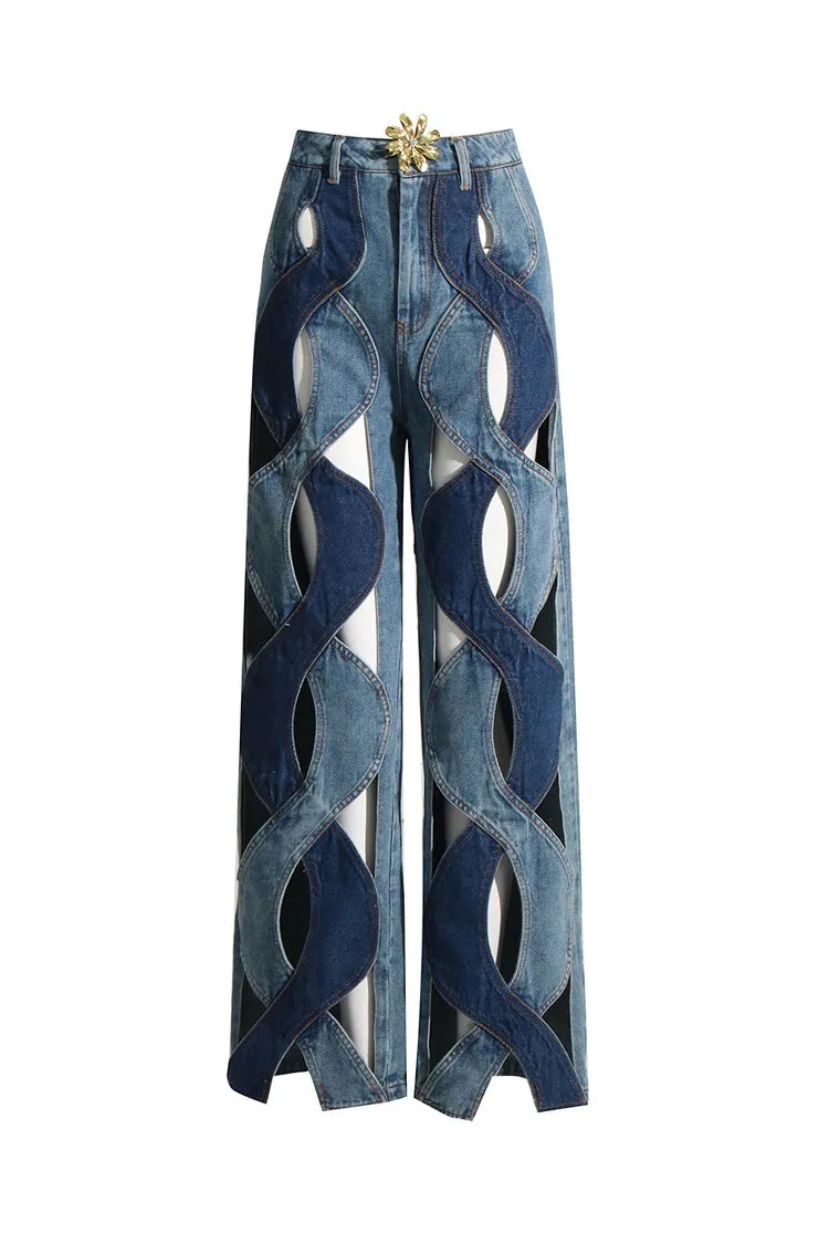 Dramatic Cutout Bicolor Spiral Metallic High Waist Full Length Wide Leg Jeans