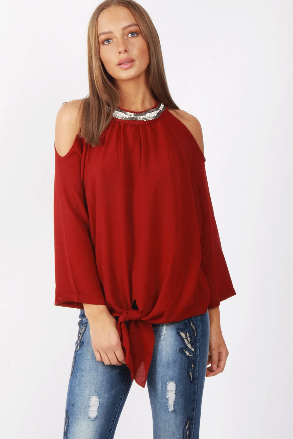 Embellished Jewel Neck Cold Shoulder Tie Front Blouse Top