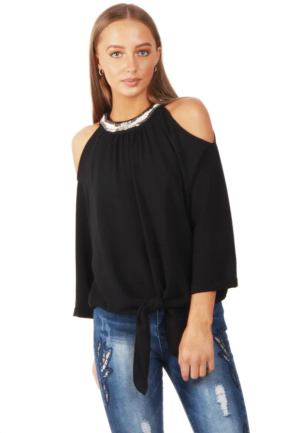 Embellished Jewel Neck Cold Shoulder Tie Front Blouse Top