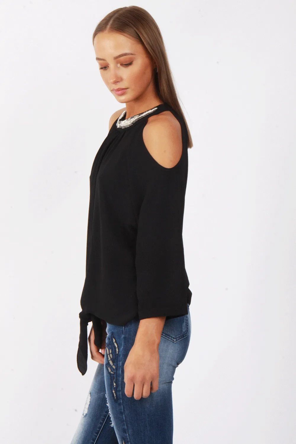 Embellished Jewel Neck Cold Shoulder Tie Front Blouse Top