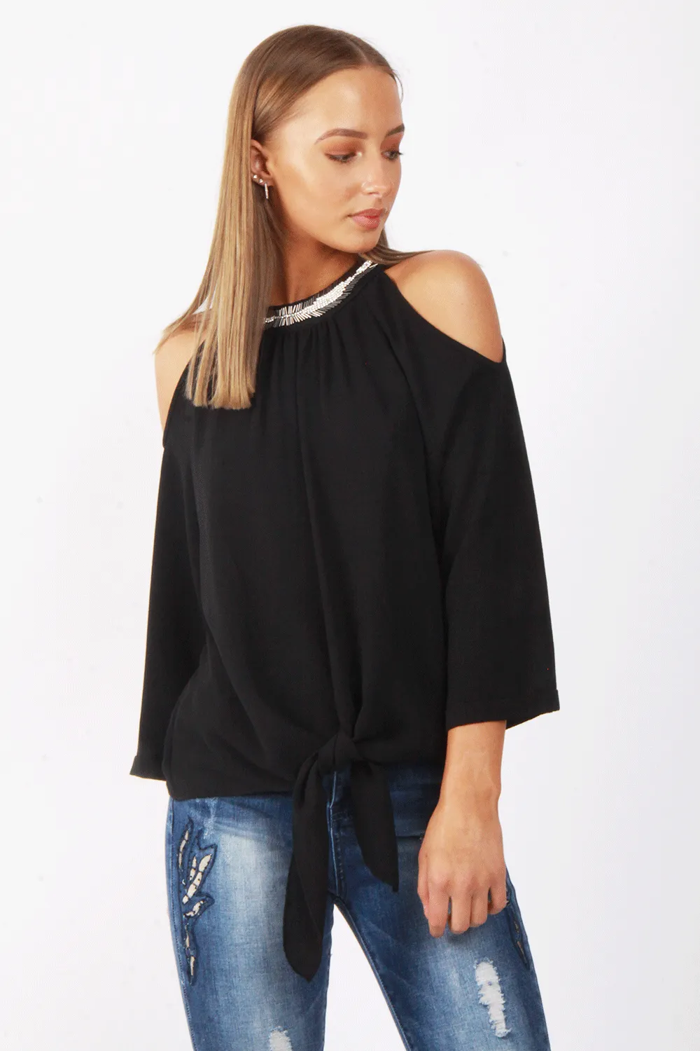 Embellished Jewel Neck Cold Shoulder Tie Front Blouse Top