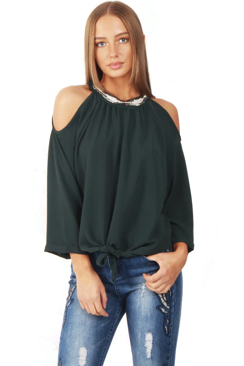 Embellished Jewel Neck Cold Shoulder Tie Front Blouse Top