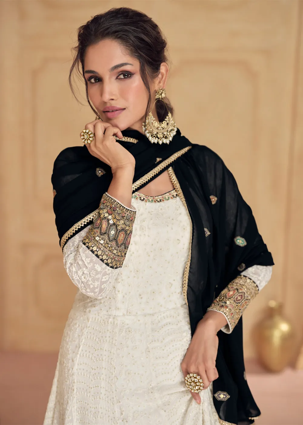 Embroidered Off White Real Georgette Pretty Anarkali Gown