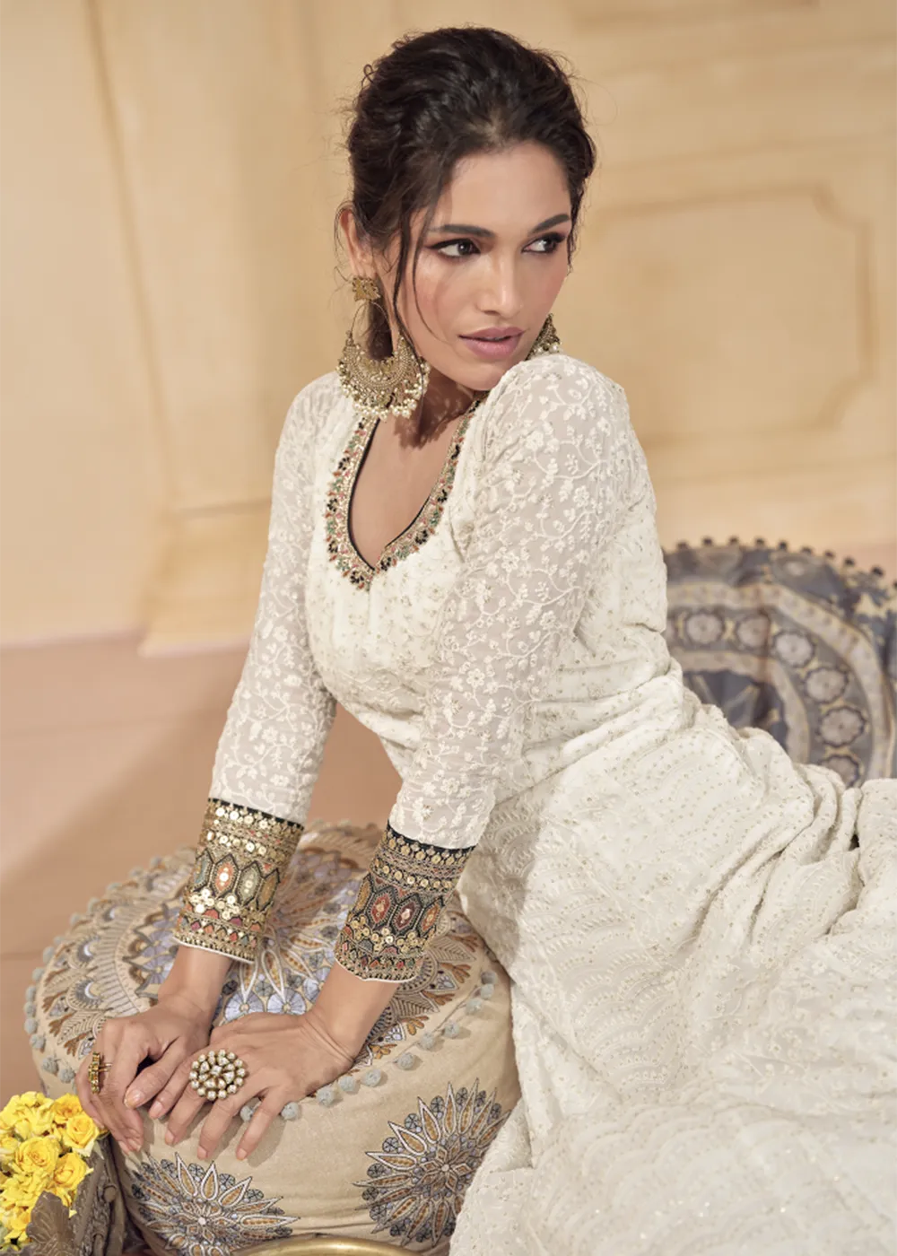 Embroidered Off White Real Georgette Pretty Anarkali Gown