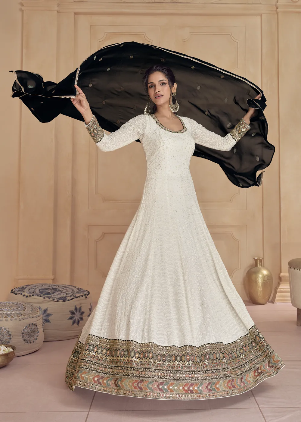 Embroidered Off White Real Georgette Pretty Anarkali Gown