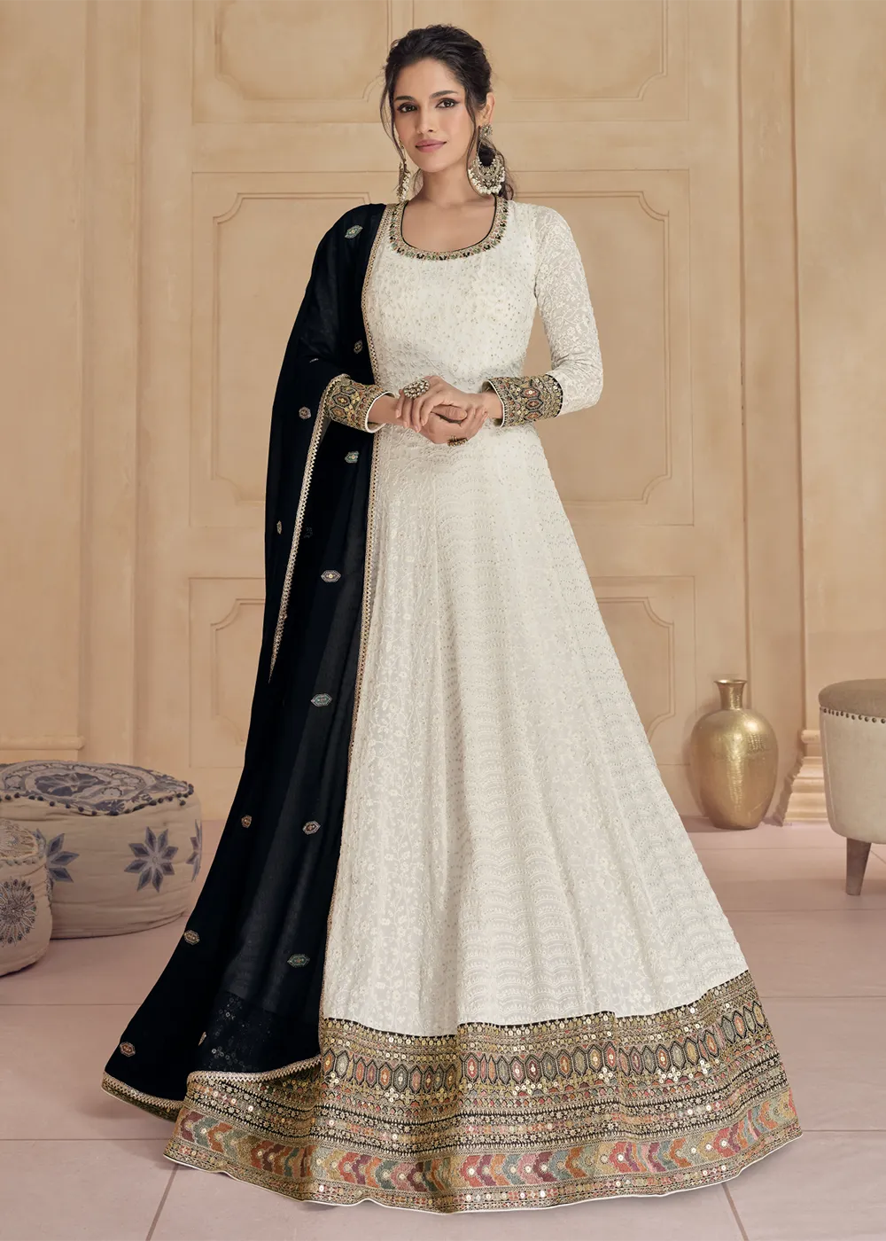 Embroidered Off White Real Georgette Pretty Anarkali Gown