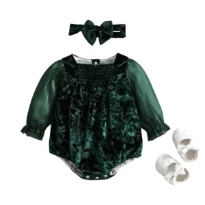 Emerald Green Velvet Bodysuit Romper for Baby Gilrs