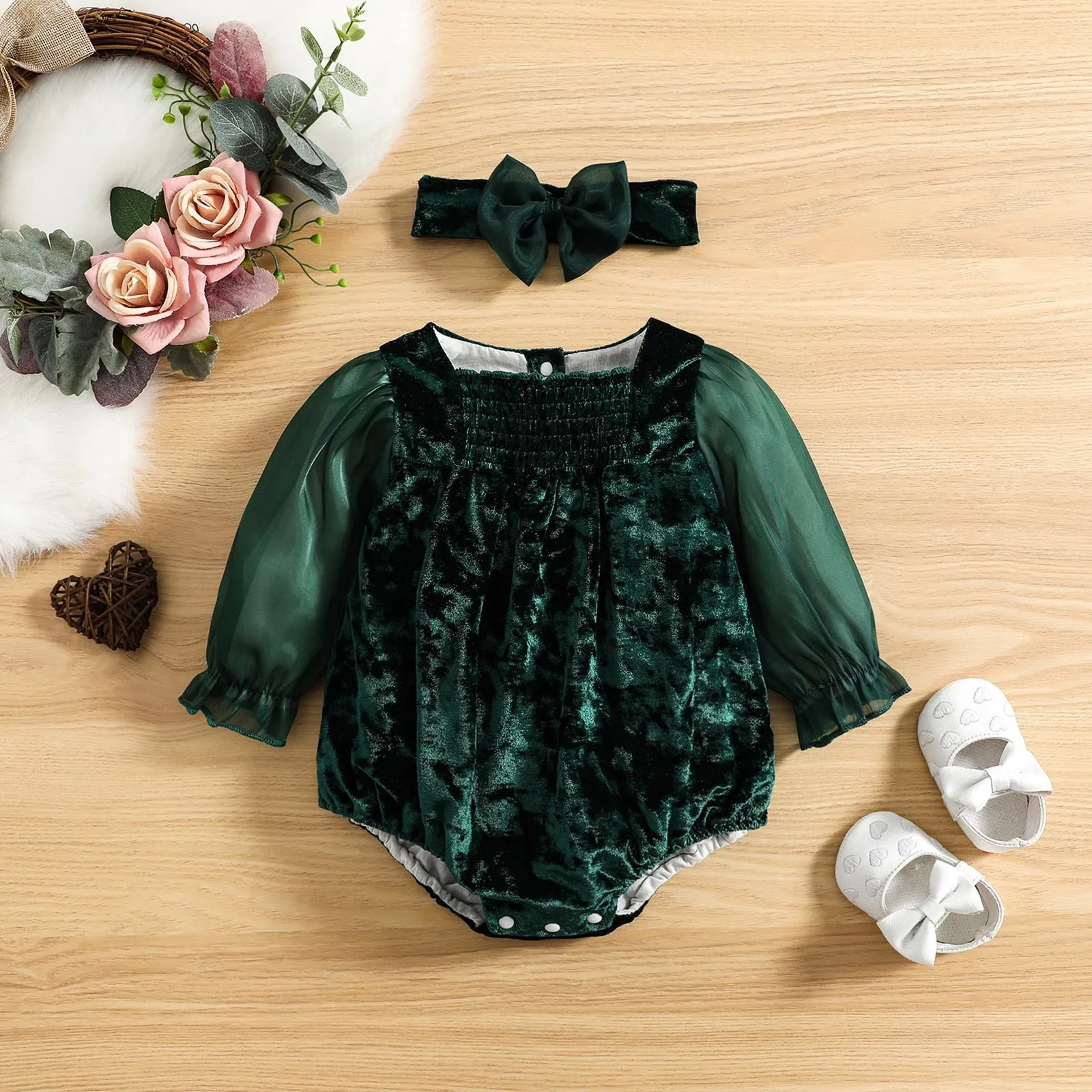 Emerald Green Velvet Bodysuit Romper for Baby Gilrs