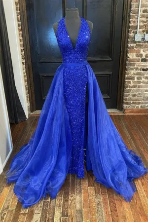 Gorgeous Detachable Train Mermaid Royal Blue Sequins Prom Dress,Women Formal Dresses