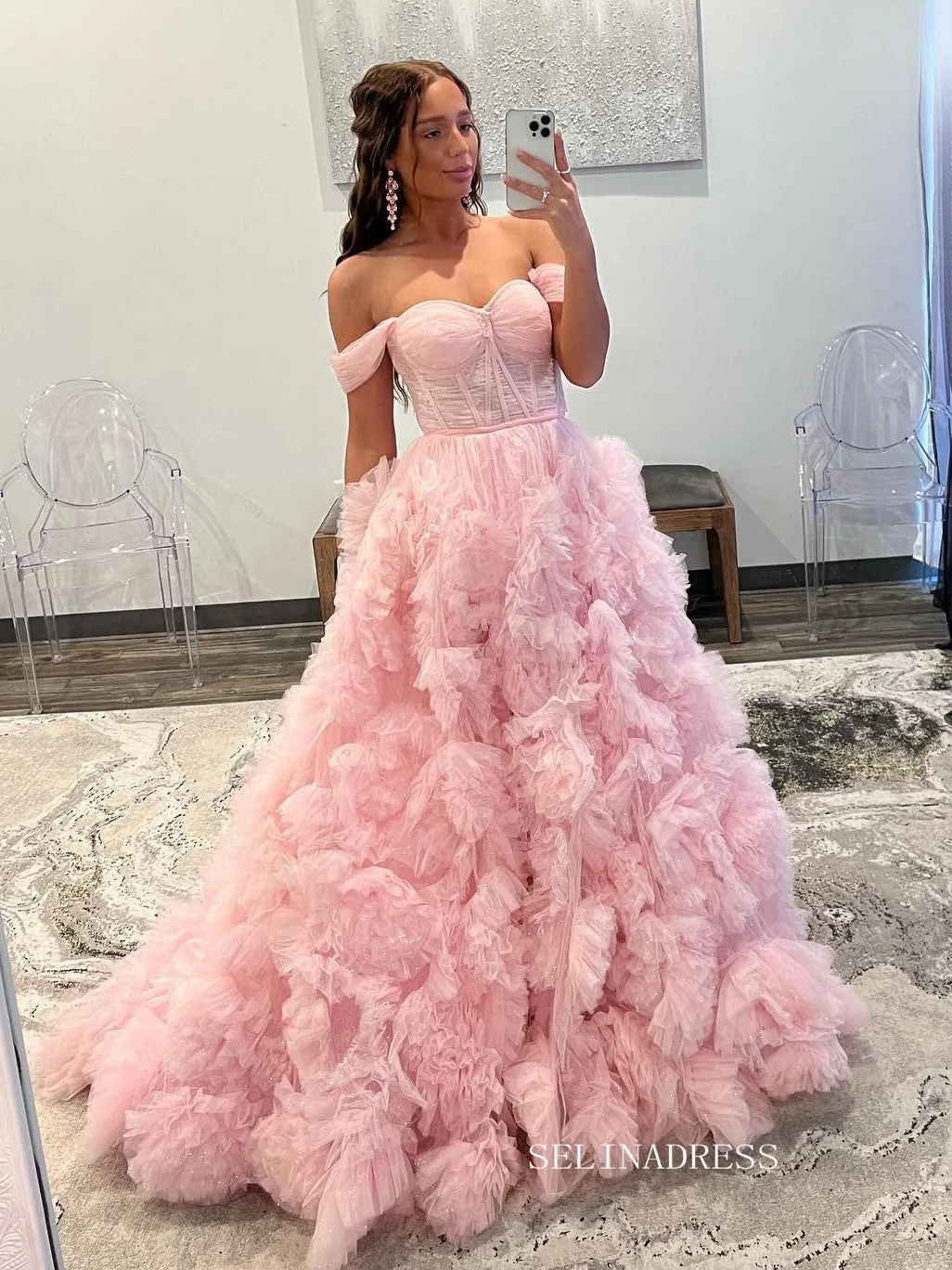 Gorgeous Off-the-shoulder Pink Frill Layered Gown Long Prom Dress sea080