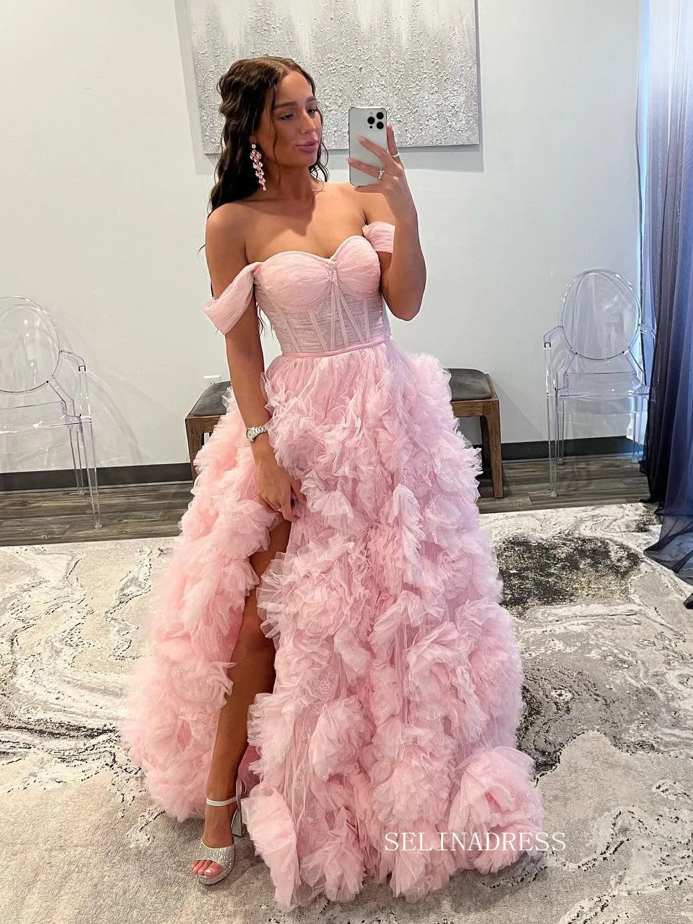 Gorgeous Off-the-shoulder Pink Frill Layered Gown Long Prom Dress sea080