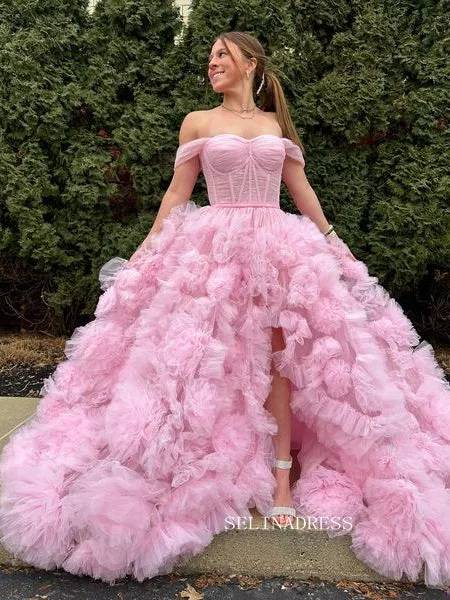 Gorgeous Off-the-shoulder Pink Frill Layered Gown Long Prom Dress sea080