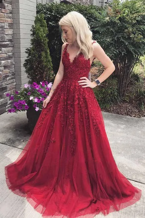 Gorgeous Straps V Neck Burgundy Lace Appliques Long Prom Dress PM241