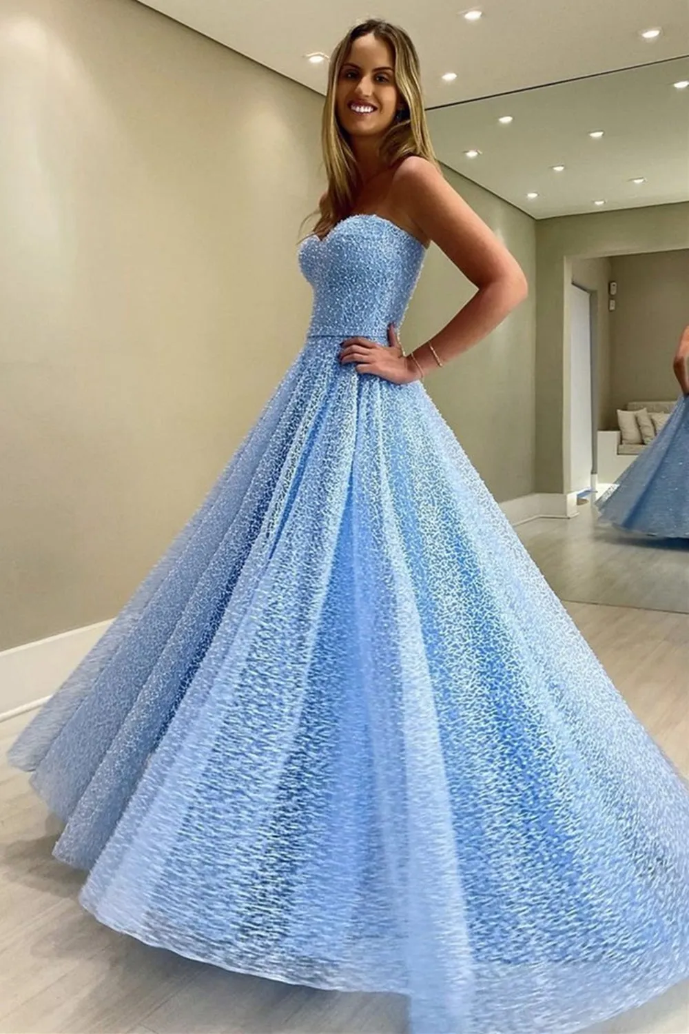 Gorgeous Sweetheart Blue Long Prom Dress, Strapless Formal Dresses, Woman Evening Dress