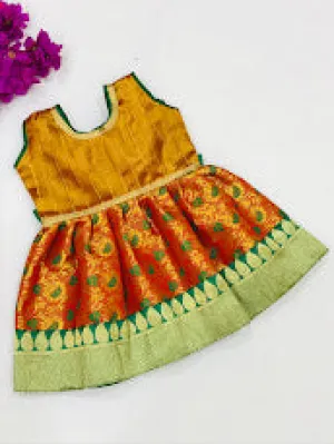 Gorgeous Yellow Color Zari With Lace Work Silk Gown For Kids