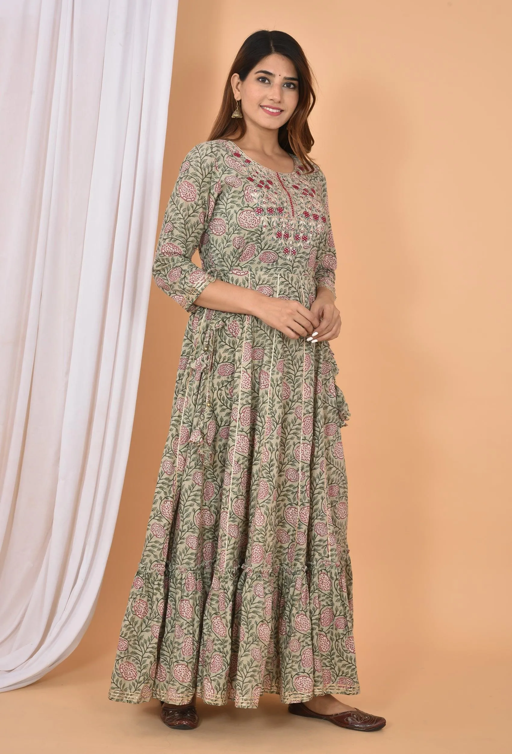 Grey-Green Embroidered Cotton Ethnic Gown