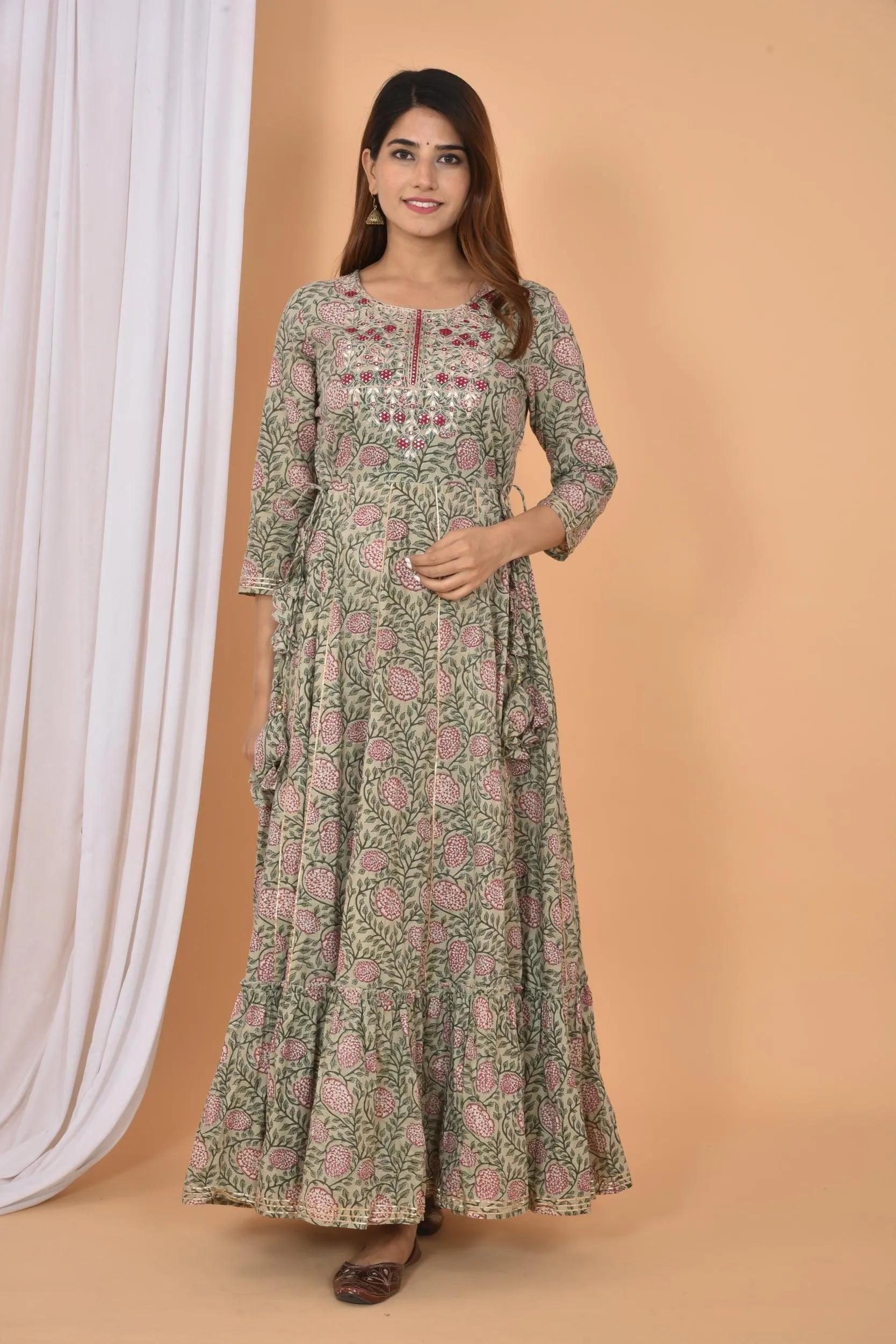 Grey-Green Embroidered Cotton Ethnic Gown