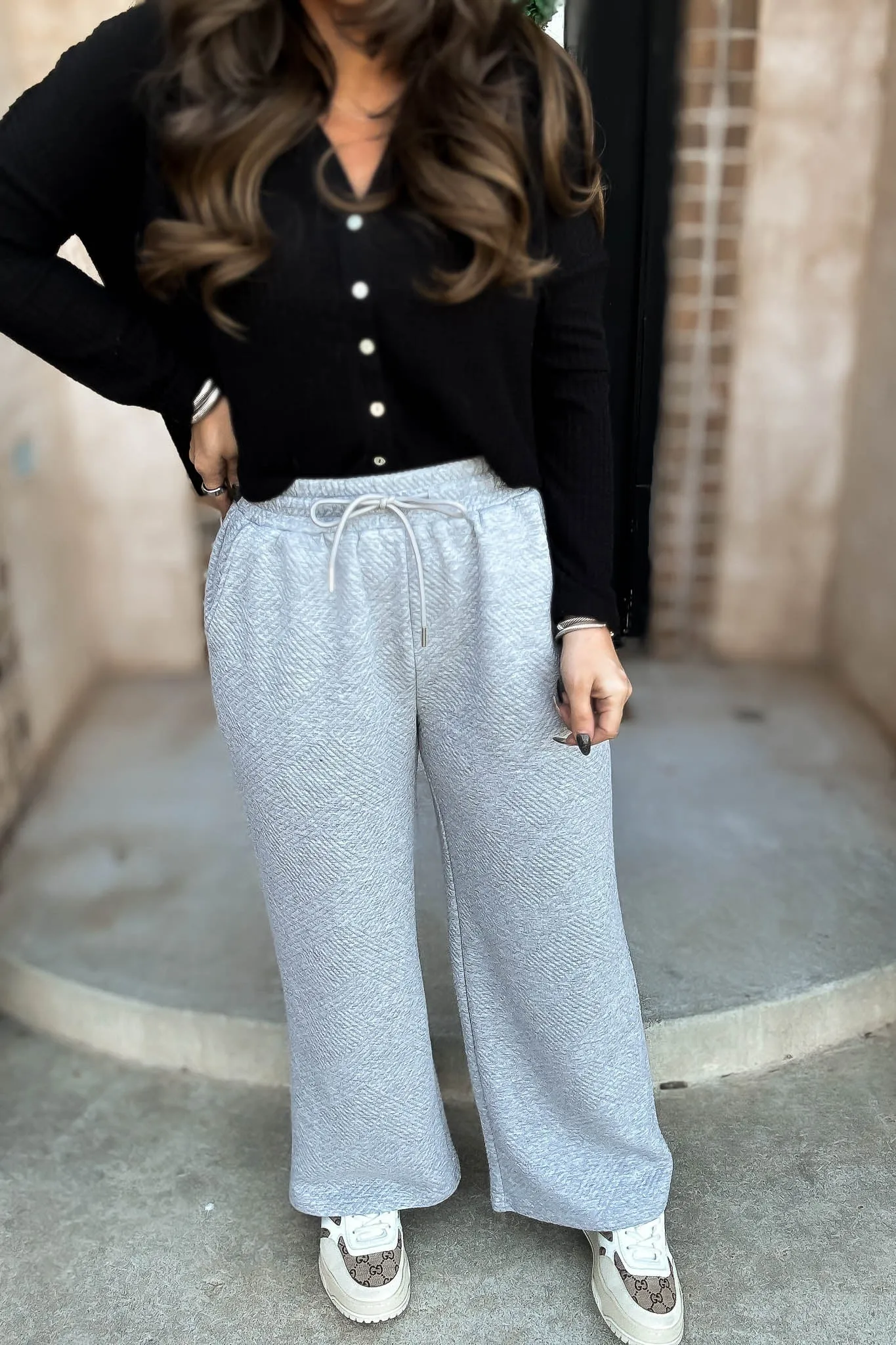 Heather Grey Textured Drawstring Wide Pants