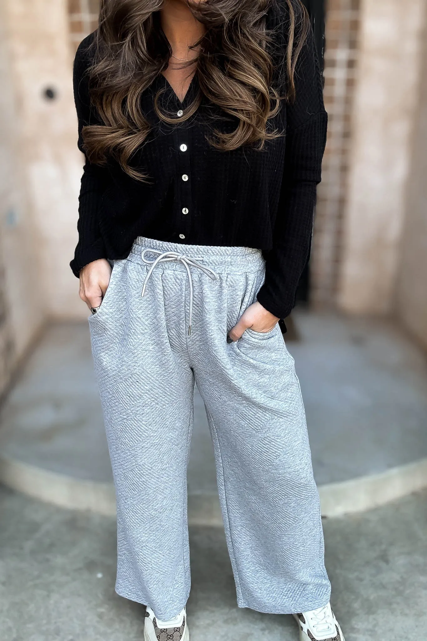 Heather Grey Textured Drawstring Wide Pants