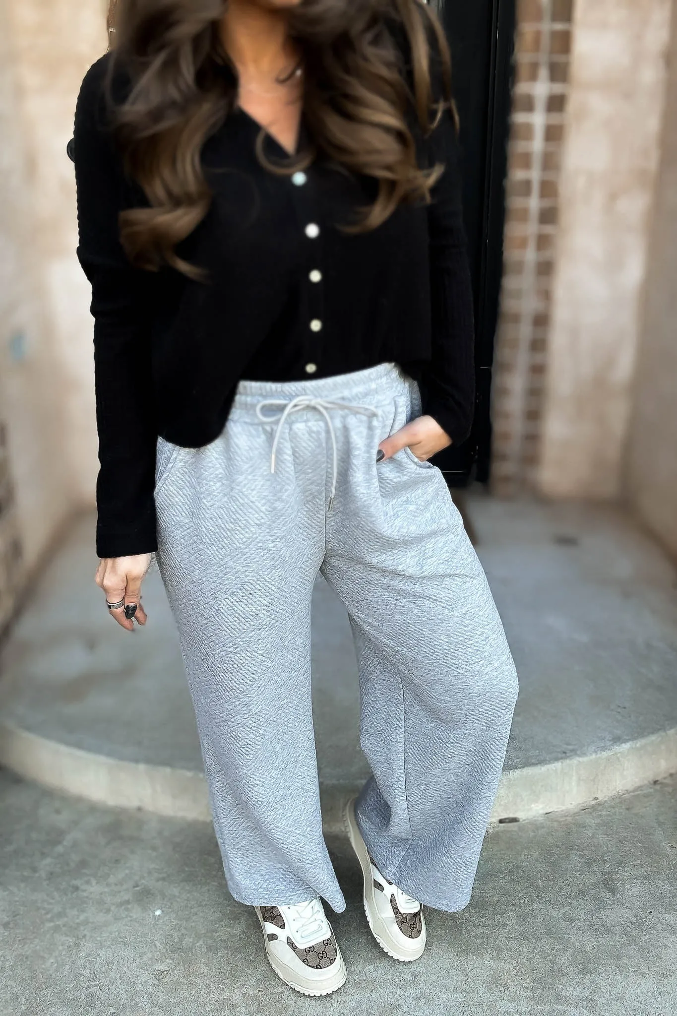 Heather Grey Textured Drawstring Wide Pants