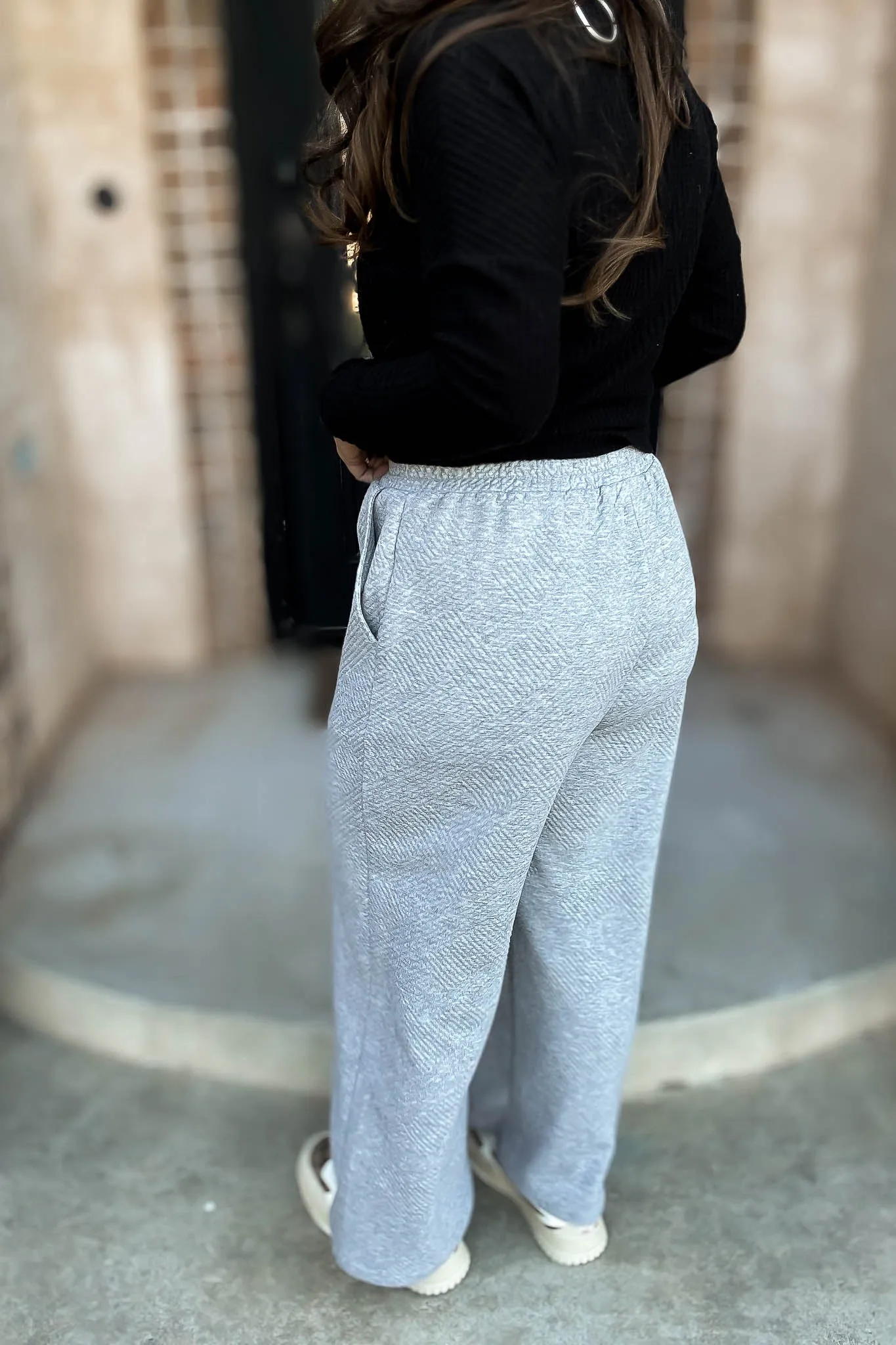 Heather Grey Textured Drawstring Wide Pants