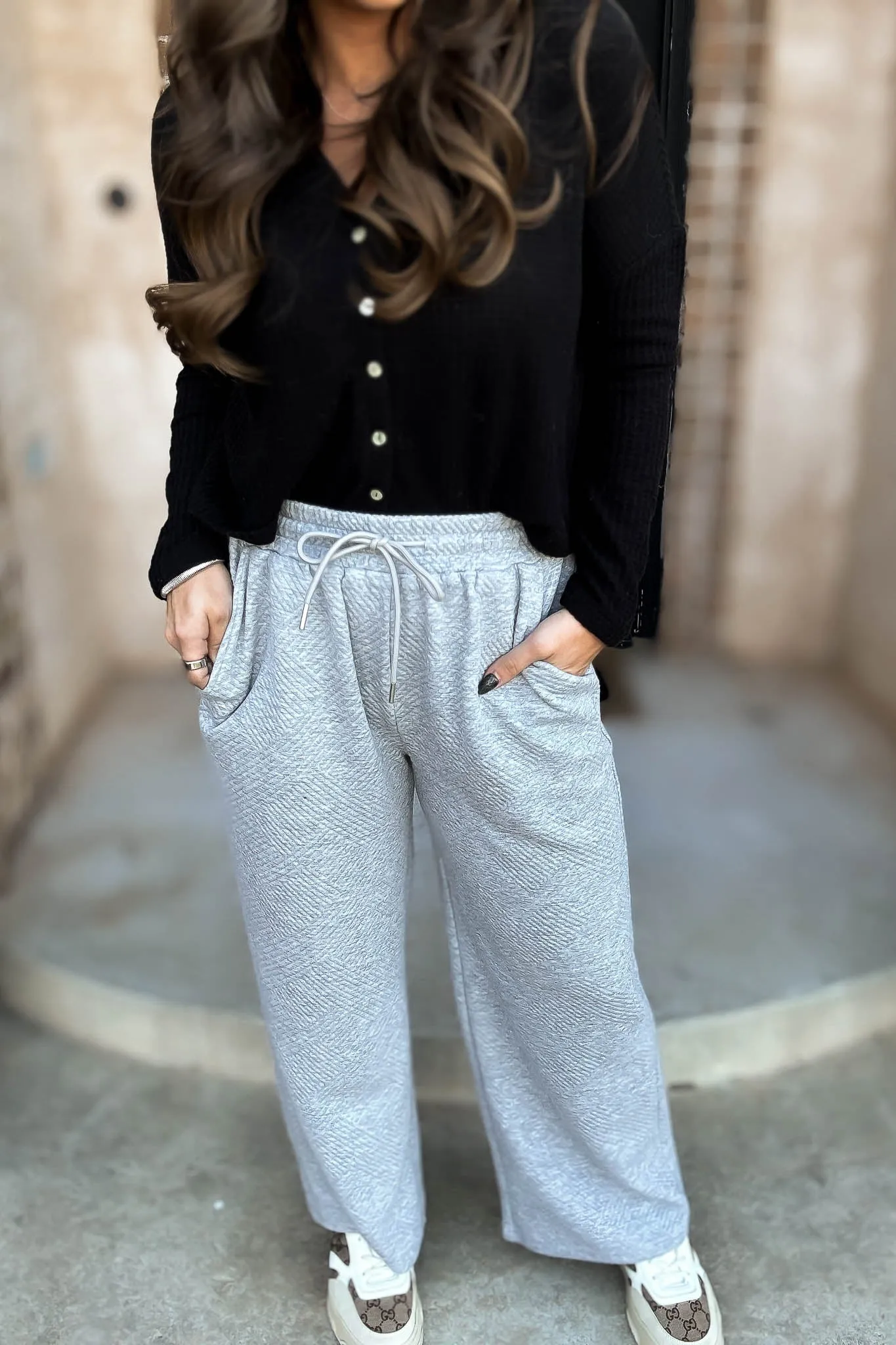 Heather Grey Textured Drawstring Wide Pants