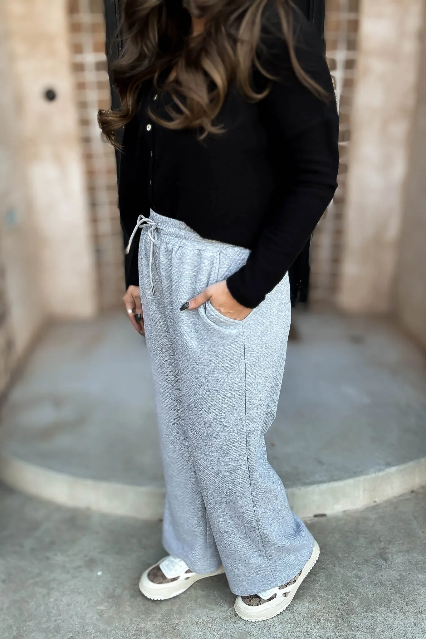 Heather Grey Textured Drawstring Wide Pants