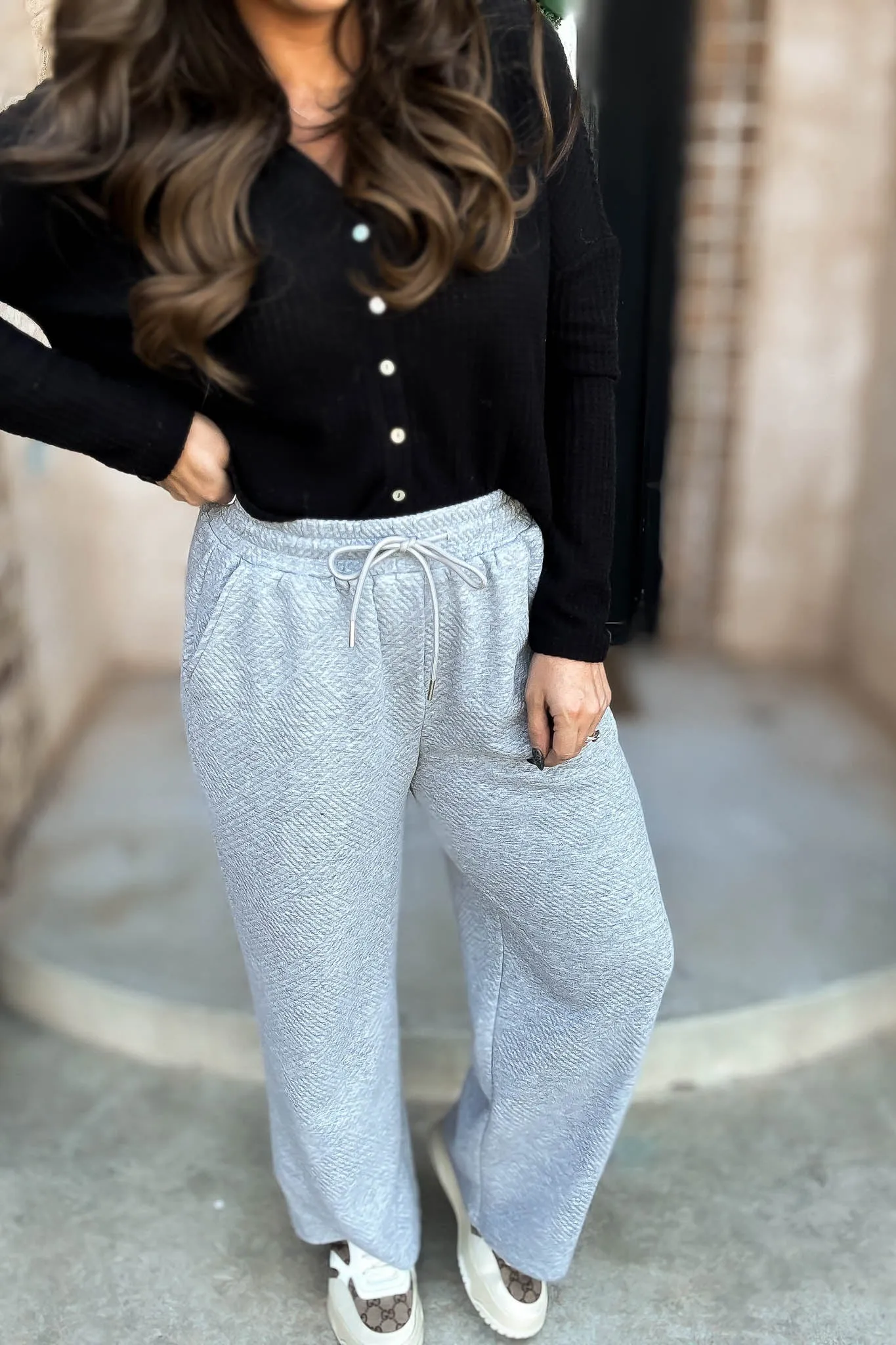 Heather Grey Textured Drawstring Wide Pants