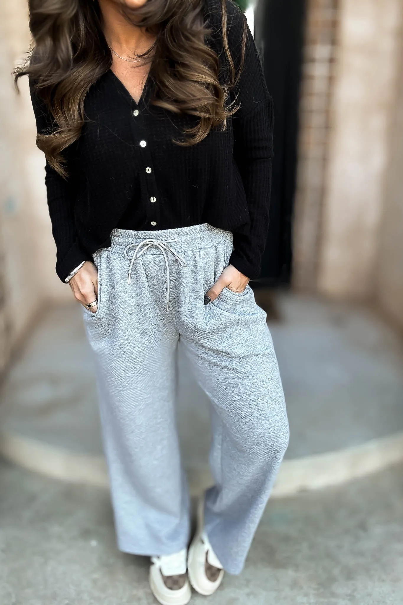 Heather Grey Textured Drawstring Wide Pants