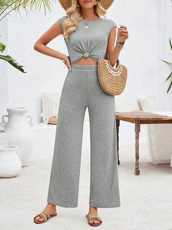 High Waisted Sleeveless Backless Hollow Knot Solid Color Tied Round-Neck Jumpsuits