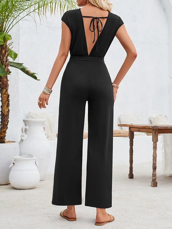 High Waisted Sleeveless Backless Hollow Knot Solid Color Tied Round-Neck Jumpsuits