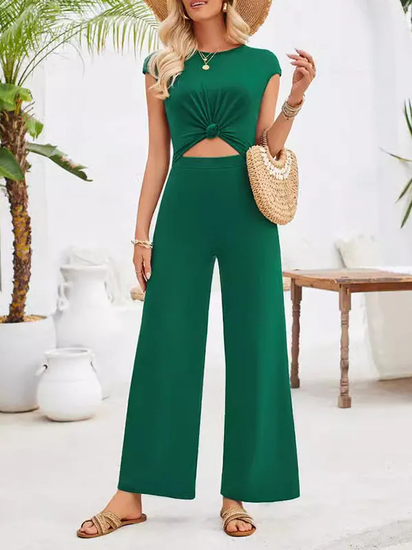 High Waisted Sleeveless Backless Hollow Knot Solid Color Tied Round-Neck Jumpsuits