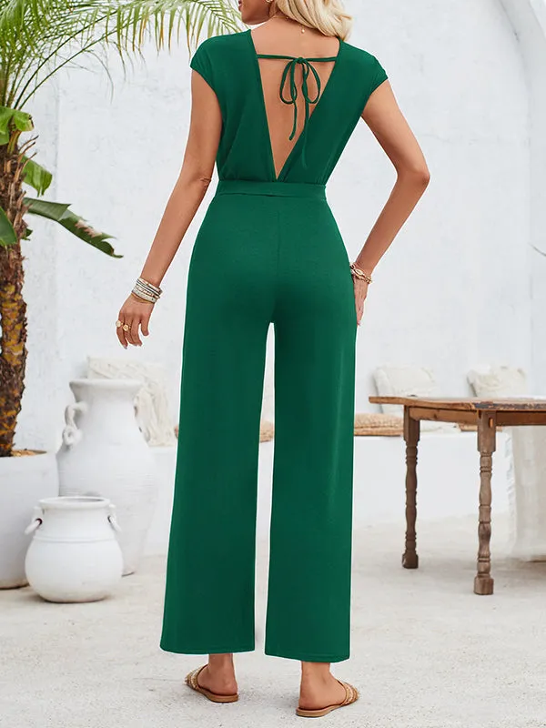 High Waisted Sleeveless Backless Hollow Knot Solid Color Tied Round-Neck Jumpsuits