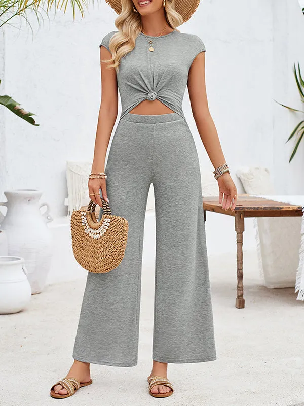 High Waisted Sleeveless Backless Hollow Knot Solid Color Tied Round-Neck Jumpsuits