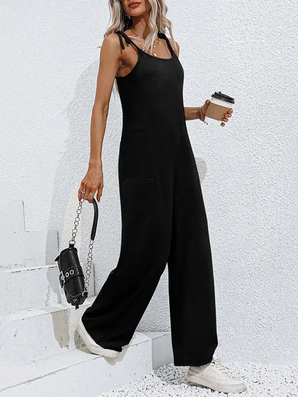 High Waisted Sleeveless Pockets Solid Color Tied Spaghetti-Neck Jumpsuits