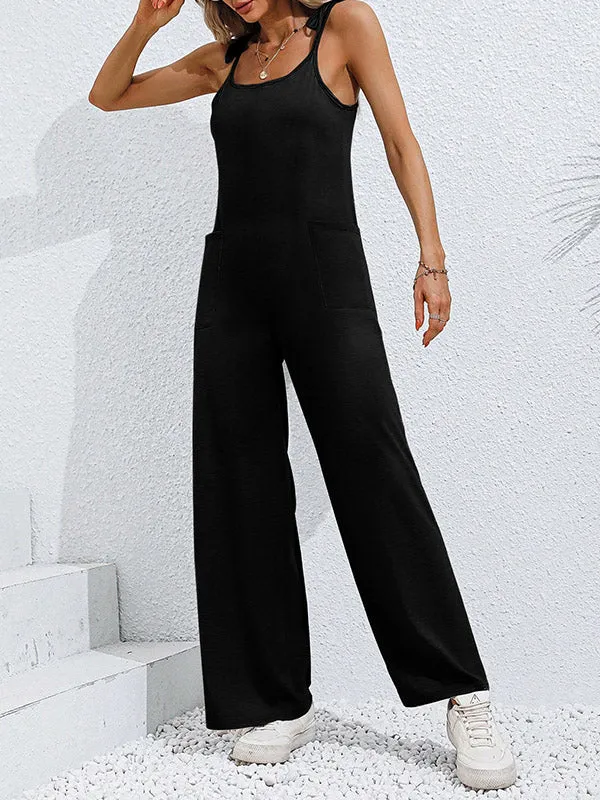 High Waisted Sleeveless Pockets Solid Color Tied Spaghetti-Neck Jumpsuits