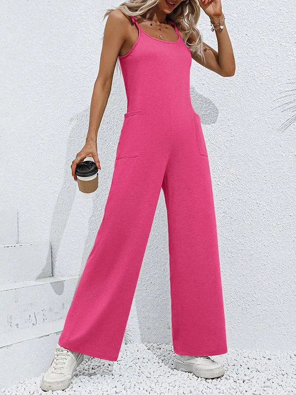 High Waisted Sleeveless Pockets Solid Color Tied Spaghetti-Neck Jumpsuits