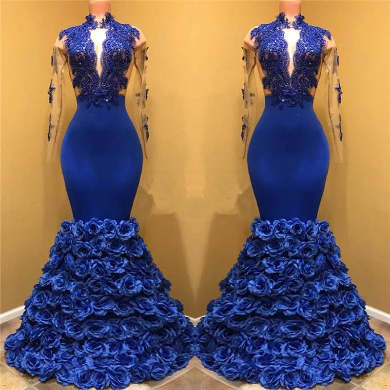 kamahe Gorgeous Royal Blue Prom Dresses Long Sleevess Evening Gowns with Rose Flowers