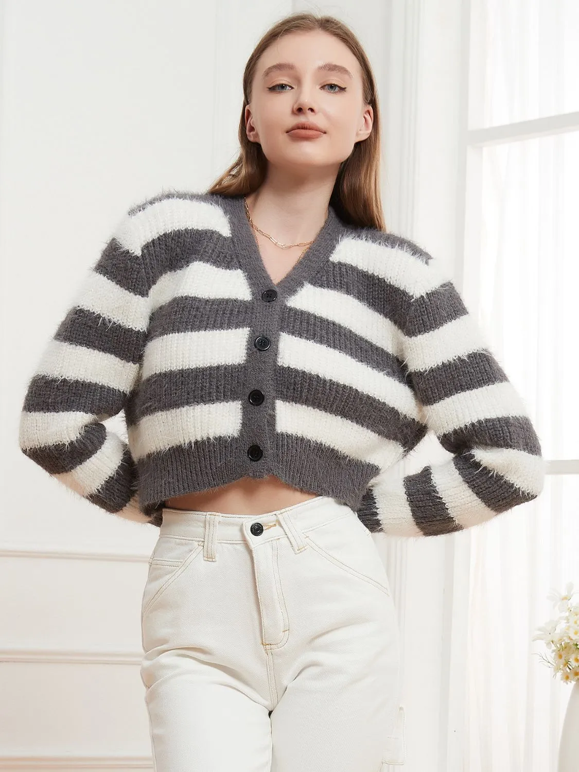 kesley Button Down V-Neck Striped Cardigan cropped sweater