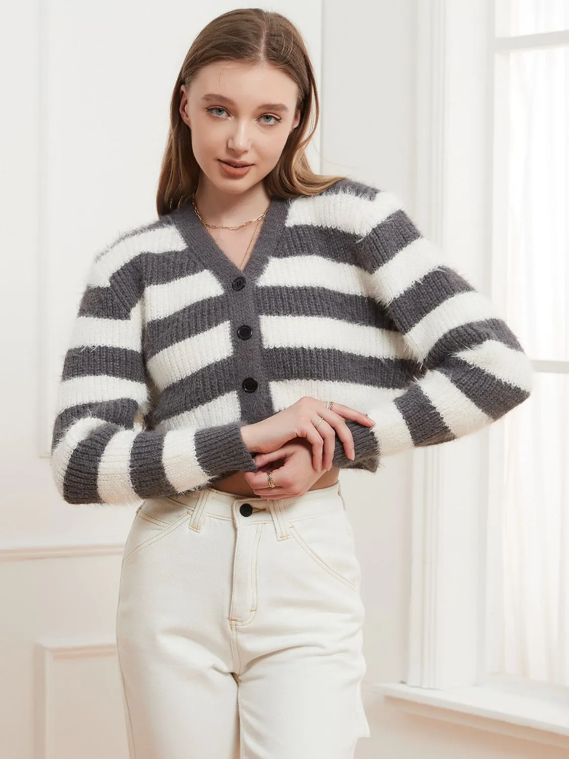 kesley Button Down V-Neck Striped Cardigan cropped sweater