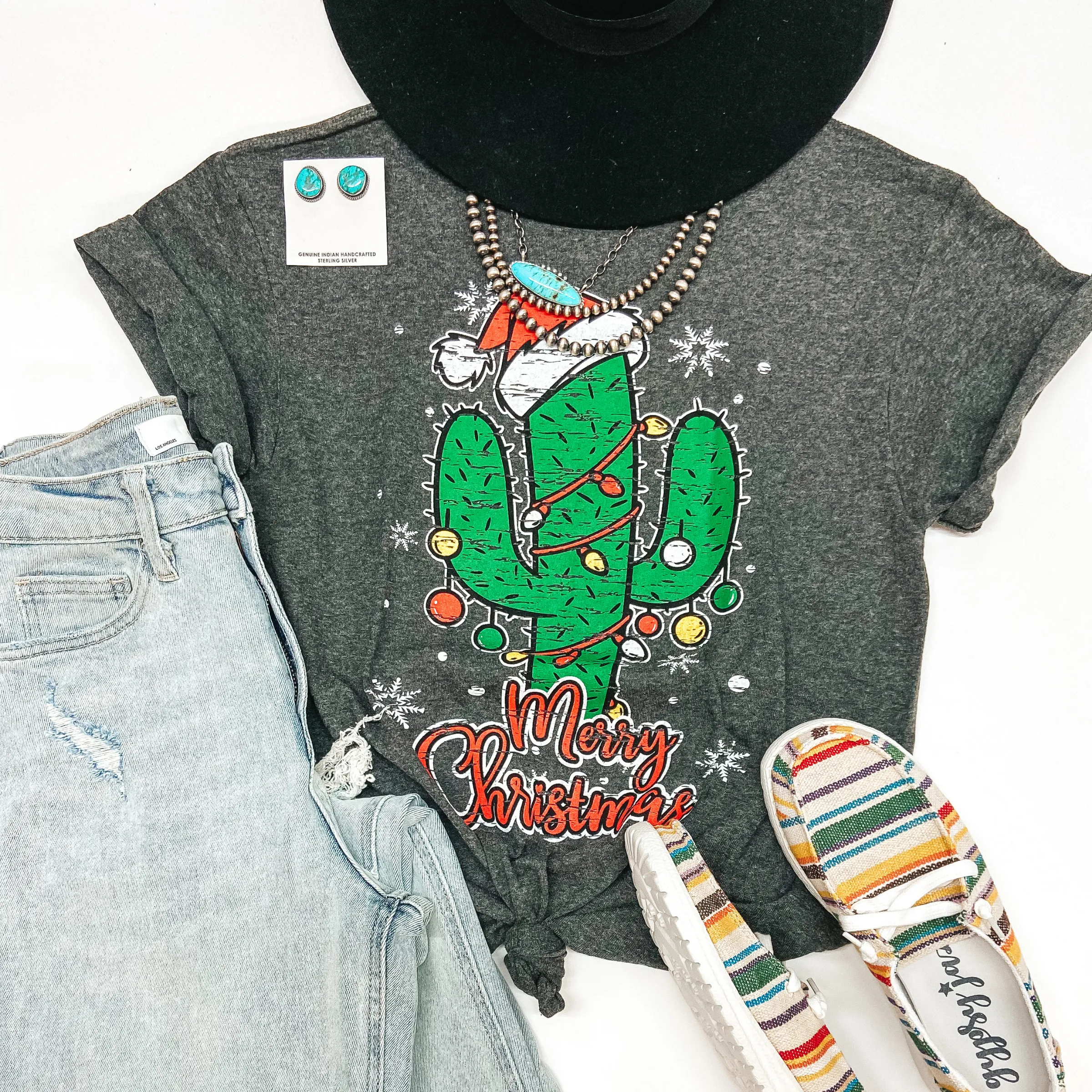 Last Chance Size Small | Merry Christmas Cactus Tree Short Sleeve Graphic Tee in Charcoal Heather Grey