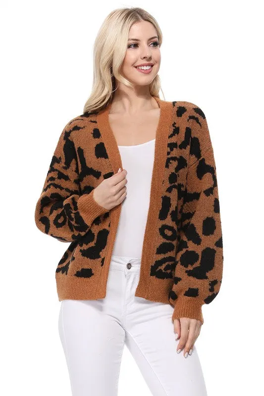 Leopard Jacquard Open Front Cardigan