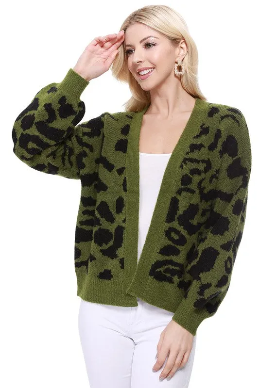 Leopard Jacquard Open Front Cardigan