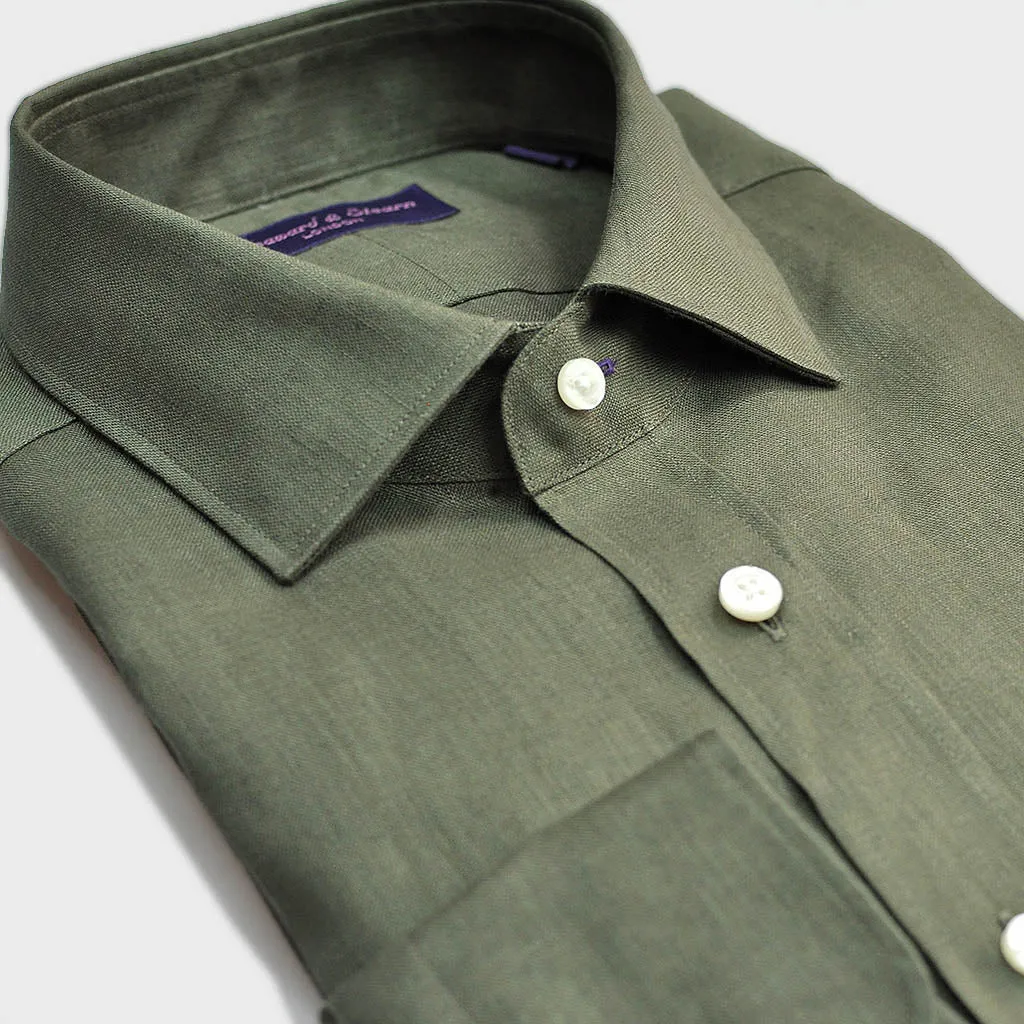 Linen Spread Collar Shirt in Olive