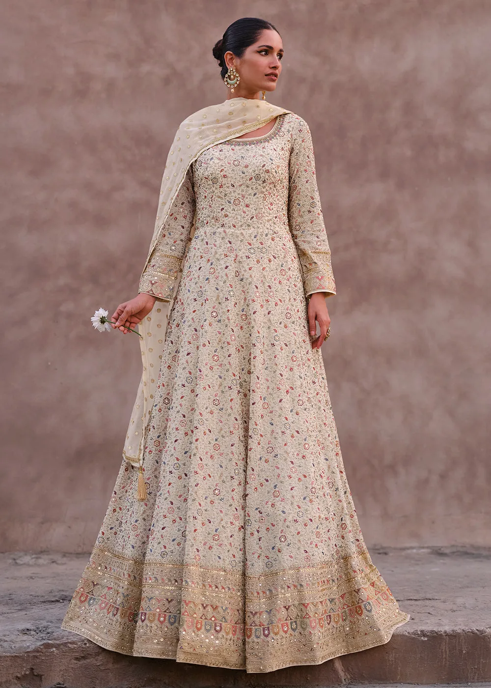 Lovely Ivory Heavy Georgette Floor Length Anarkali Gown