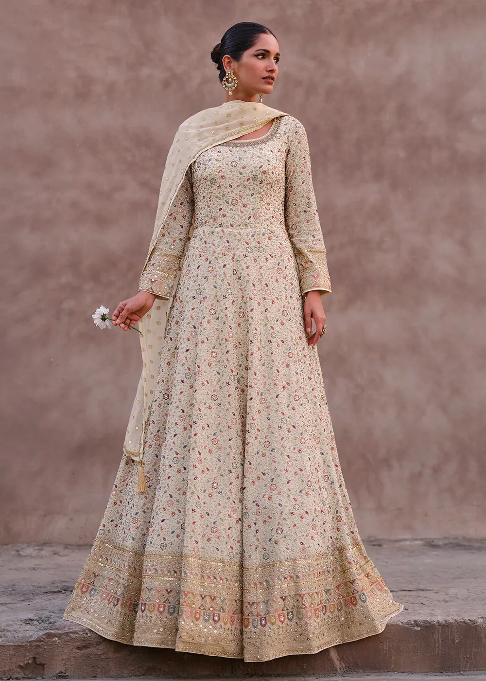 Lovely Ivory Heavy Georgette Floor Length Anarkali Gown